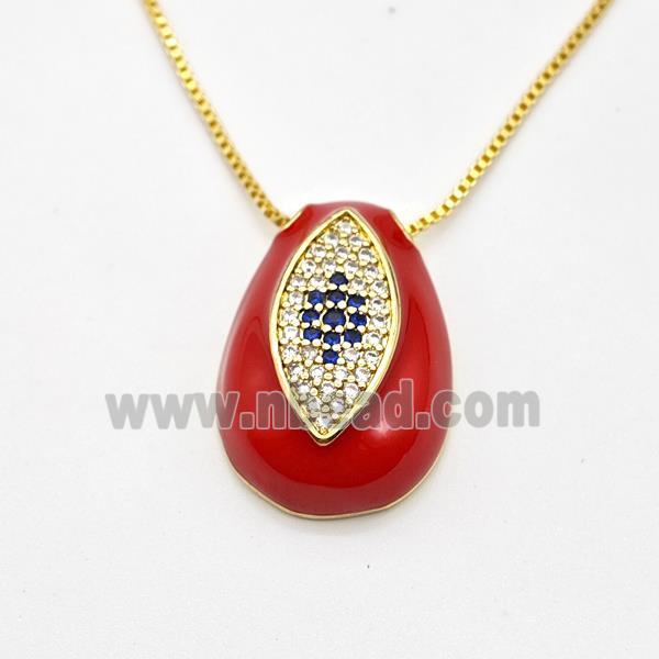 Copper Evil Eye Necklace Pave Zirconia Red Enamel Gold Plated