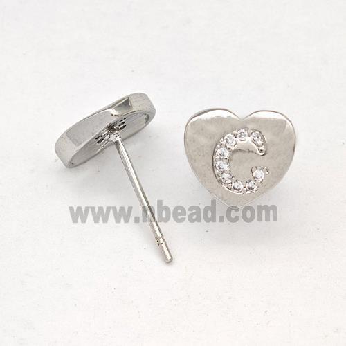 Copper Heart Stud Earring Pave Zirconia Letter-C Platinum Plated