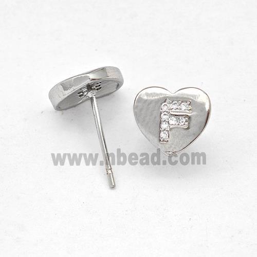 Copper Heart Stud Earring Pave Zirconia Letter-F Platinum Plated