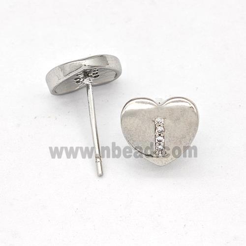 Copper Heart Stud Earring Pave Zirconia Letter-I Platinum Plated