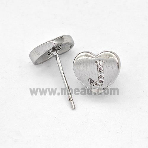 Copper Heart Stud Earring Pave Zirconia Letter-J Platinum Plated