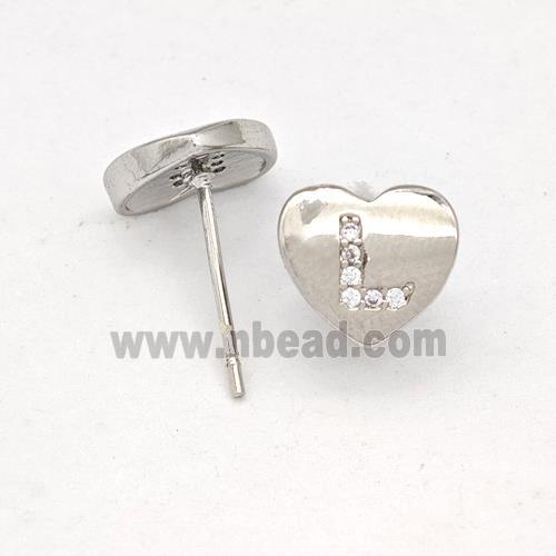 Copper Heart Stud Earring Pave Zirconia Letter-L Platinum Plated