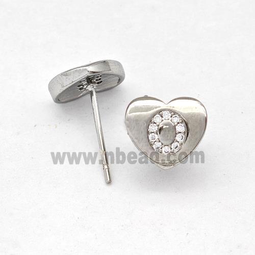 Copper Heart Stud Earring Pave Zirconia Letter-O Platinum Plated