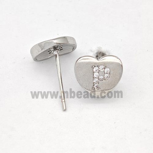 Copper Heart Stud Earring Pave Zirconia Letter-P Platinum Plated