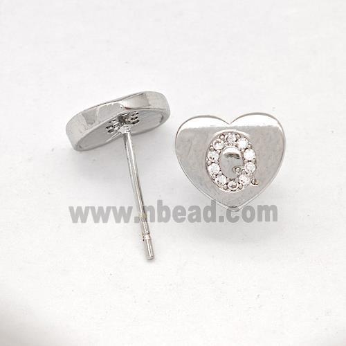 Copper Heart Stud Earring Pave Zirconia Letter-Q Platinum Plated