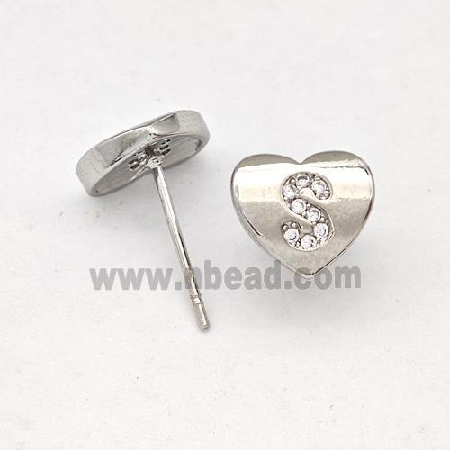 Copper Heart Stud Earring Pave Zirconia Letter-S Platinum Plated