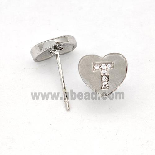 Copper Heart Stud Earring Pave Zirconia Letter-T Platinum Plated