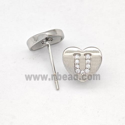 Copper Heart Stud Earring Pave Zirconia Letter-U Platinum Plated