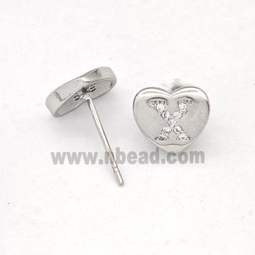 Copper Heart Stud Earring Pave Zirconia Letter-X Platinum Plated