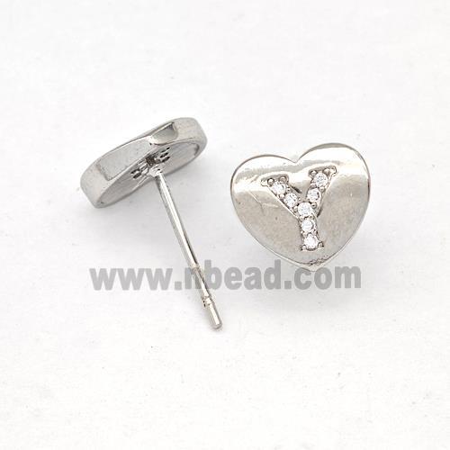 Copper Heart Stud Earring Pave Zirconia Letter-Y Platinum Plated