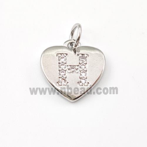 Copper Heart Pendant Pave Zirconia Letter-H Platinum Plated