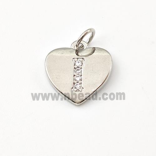 Copper Heart Pendant Pave Zirconia Letter-I Platinum Plated