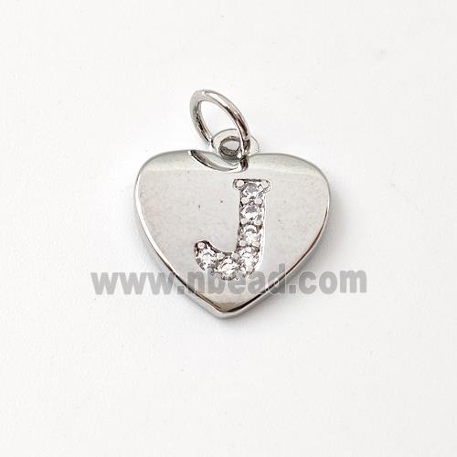 Copper Heart Pendant Pave Zirconia Letter-J Platinum Plated