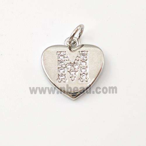 Copper Heart Pendant Pave Zirconia Letter-M Platinum Plated