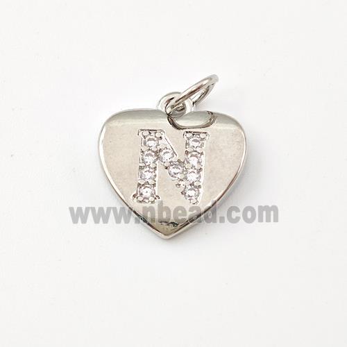 Copper Heart Pendant Pave Zirconia Letter-N Platinum Plated