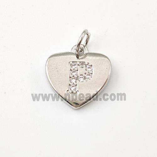 Copper Heart Pendant Pave Zirconia Letter-P Platinum Plated