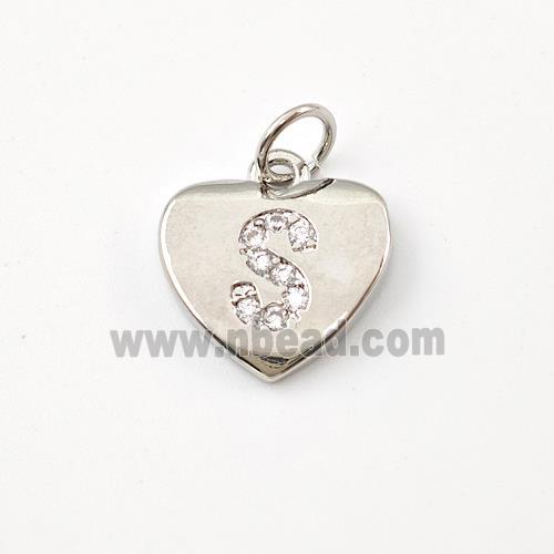 Copper Heart Pendant Pave Zirconia Letter-S Platinum Plated