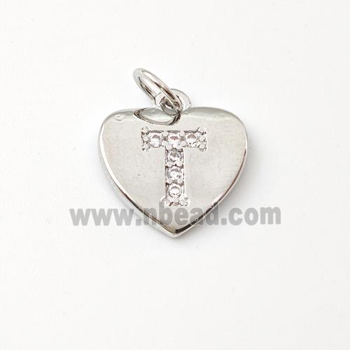 Copper Heart Pendant Pave Zirconia Letter-T Platinum Plated