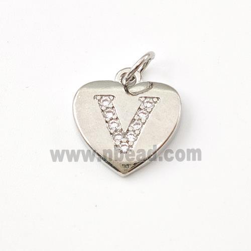 Copper Heart Pendant Pave Zirconia Letter-V Platinum Plated