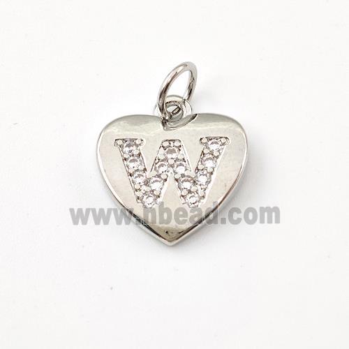 Copper Heart Pendant Pave Zirconia Letter-W Platinum Plated