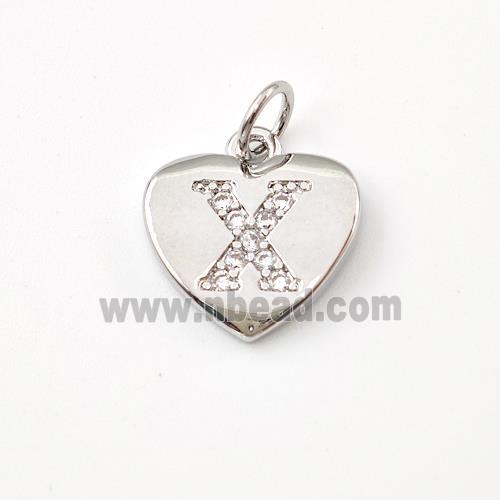 Copper Heart Pendant Pave Zirconia Letter-X Platinum Plated