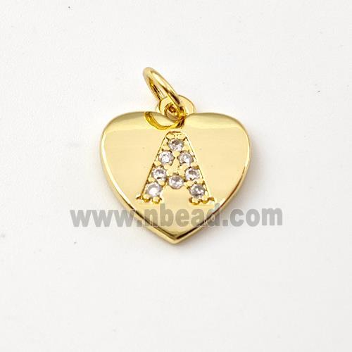 Copper Heart Pendant Pave Zirconia Letter-A Gold Plated