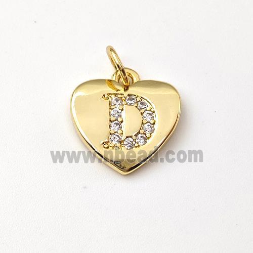 Copper Heart Pendant Pave Zirconia Letter-D Gold Plated