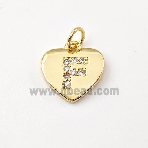 Copper Heart Pendant Pave Zirconia Letter-F Gold Plated