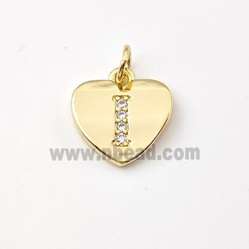 Copper Heart Pendant Pave Zirconia Letter-I Gold Plated