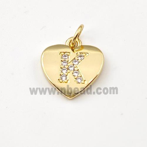 Copper Heart Pendant Pave Zirconia Letter-K Gold Plated