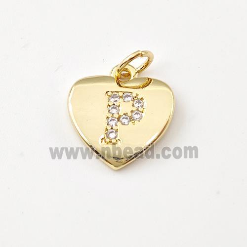 Copper Heart Pendant Pave Zirconia Letter-P Gold Plated