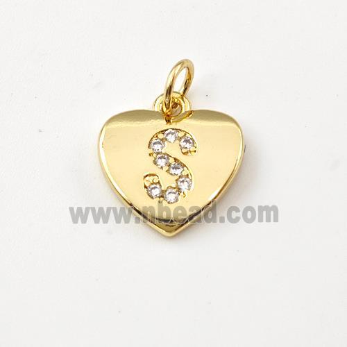 Copper Heart Pendant Pave Zirconia Letter-S Gold Plated