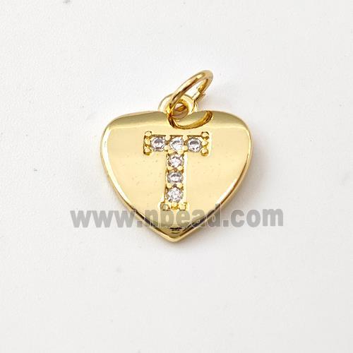 Copper Heart Pendant Pave Zirconia Letter-T Gold Plated