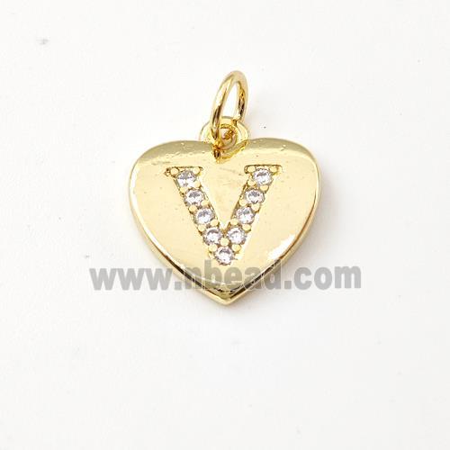 Copper Heart Pendant Pave Zirconia Letter-V Gold Plated