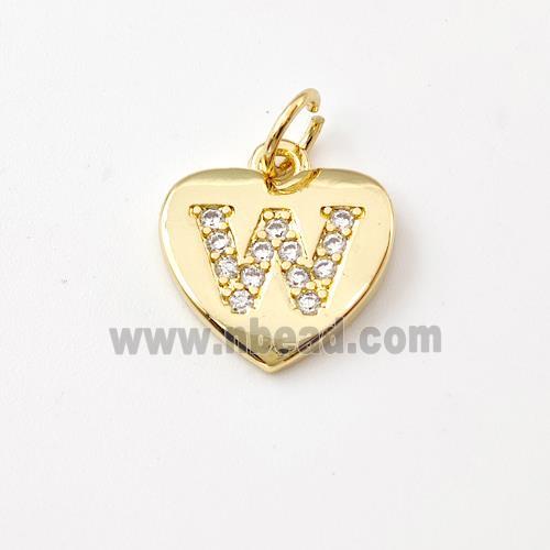 Copper Heart Pendant Pave Zirconia Letter-W Gold Plated