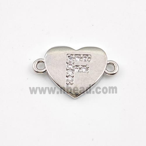 Copper Heart Connector Pave Zirconia Letter-F Platinum Plated