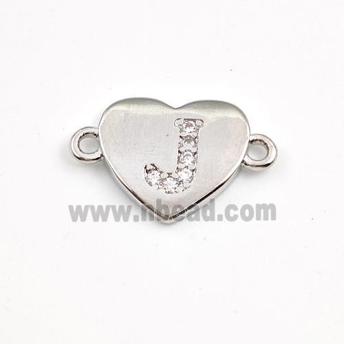 Copper Heart Connector Pave Zirconia Letter-J Platinum Plated