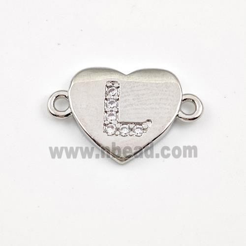 Copper Heart Connector Pave Zirconia Letter-L Platinum Plated