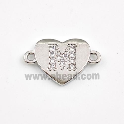 Copper Heart Connector Pave Zirconia Letter-M Platinum Plated