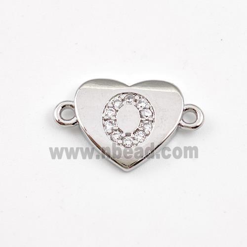 Copper Heart Connector Pave Zirconia Letter-O Platinum Plated