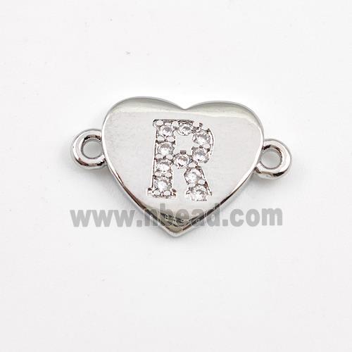 Copper Heart Connector Pave Zirconia Letter-R Platinum Plated