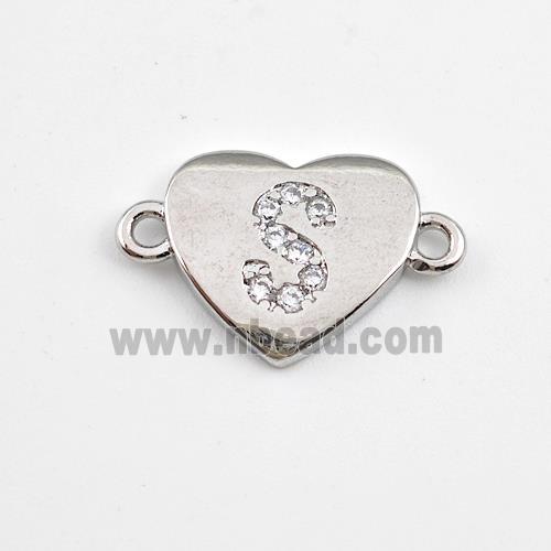 Copper Heart Connector Pave Zirconia Letter-S Platinum Plated