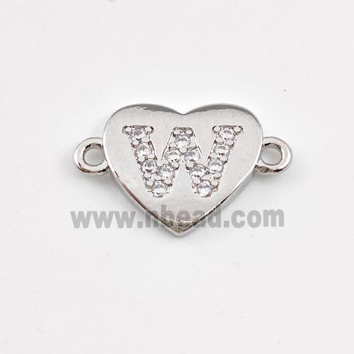 Copper Heart Connector Pave Zirconia Letter-W Platinum Plated