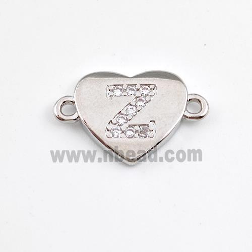 Copper Heart Connector Pave Zirconia Letter-Z Platinum Plated