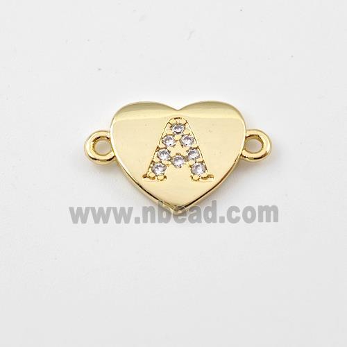 Copper Heart Connector Pave Zirconia Letter-A Gold Plated