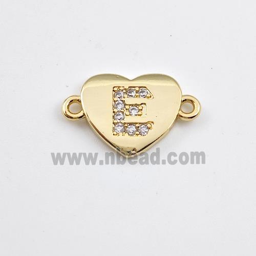 Copper Heart Connector Pave Zirconia Letter-E Gold Plated