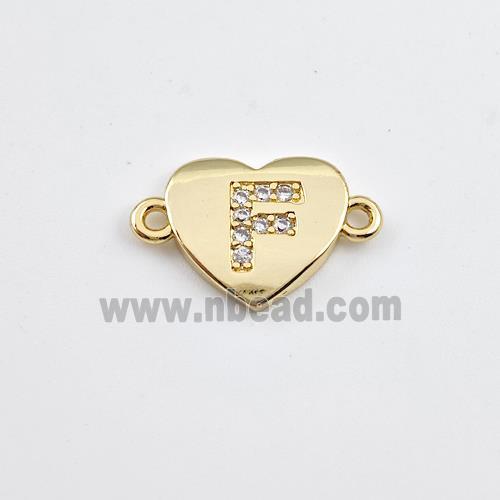 Copper Heart Connector Pave Zirconia Letter-F Gold Plated