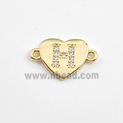 Copper Heart Connector Pave Zirconia Letter-H Gold Plated