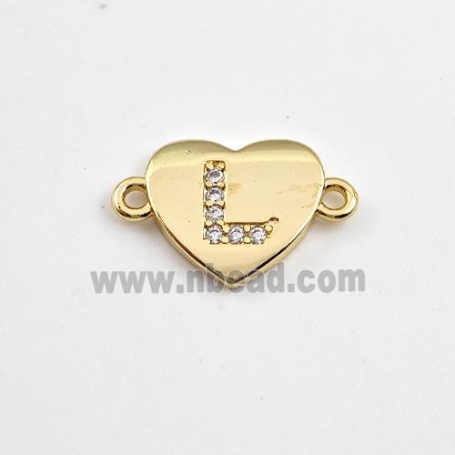 Copper Heart Connector Pave Zirconia Letter-L Gold Plated