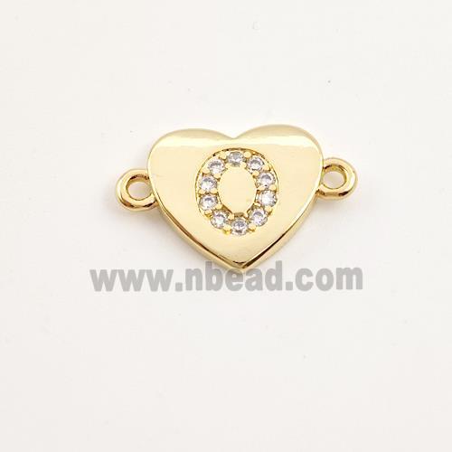 Copper Heart Connector Pave Zirconia Letter-O Gold Plated